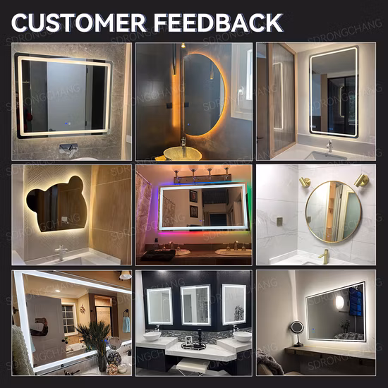 Espejo de salón rectangular de tamaño personalizado de fábrica, espejo de tocador, luz montada en la pared del baño, venta al por mayor, espejo LED de baño inteligente decorativo